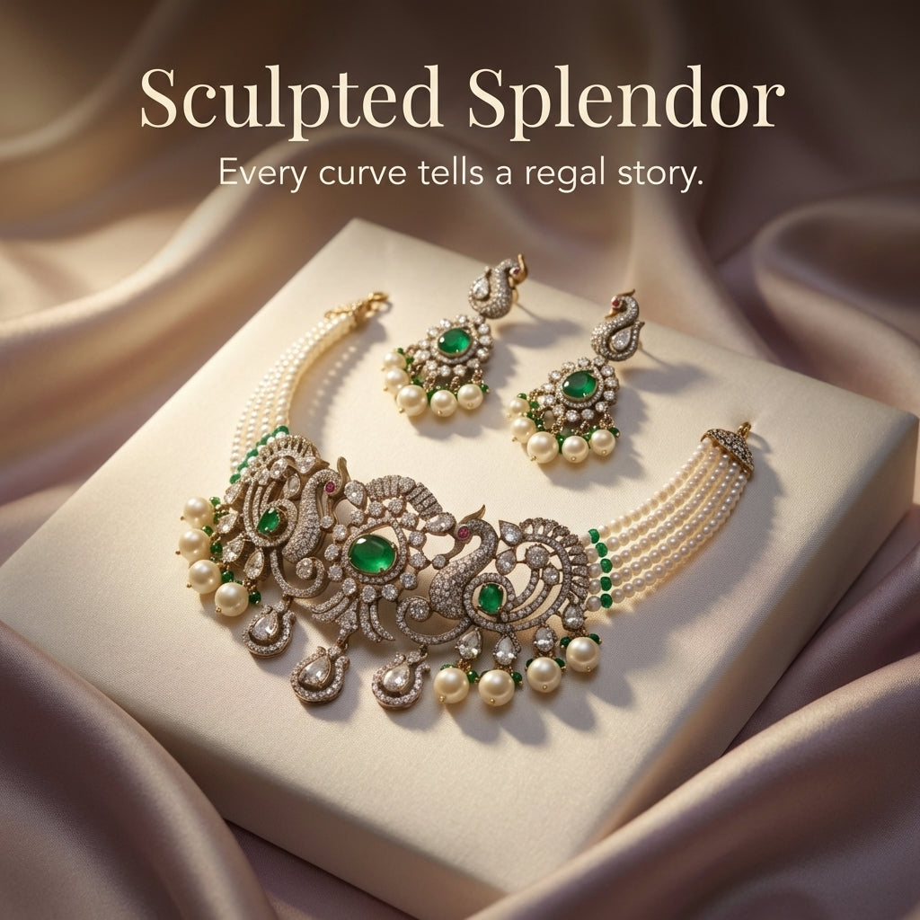 Rajwadi Peacock Emerald & Pearl Choker Necklace Set