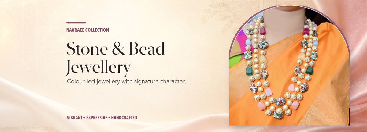Stone & Bead Jewellery collection header banner featuring Stone And Beads Long Chain Triple Layer: Multi Colour