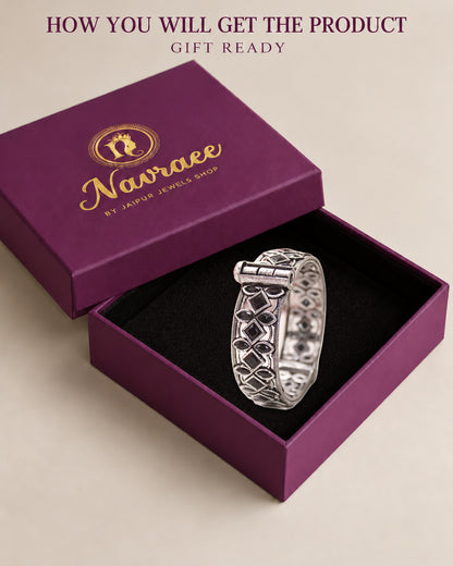 Stone Cutwork Kada-Black, displayed inside the Navraee presentation box — gift ready.