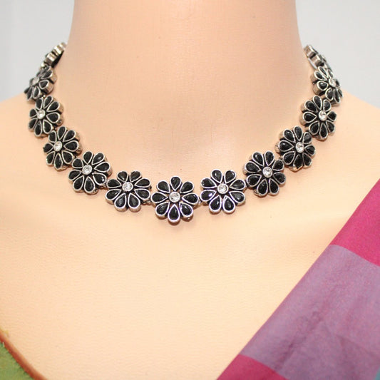 STONE FLOWER OXIDISED NECKLACE WITH MATCHING EARRINGS - BLACK