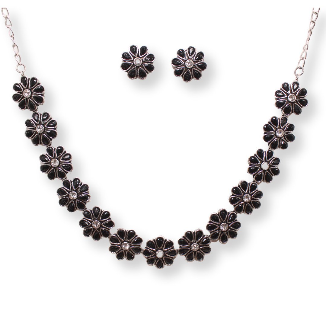 STONE FLOWER OXIDISED NECKLACE WITH MATCHING EARRINGS-BLACK