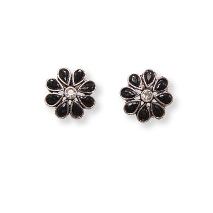 STONE FLOWER OXIDISED NECKLACE WITH MATCHING EARRINGS-BLACK