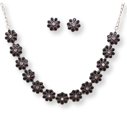 STONE FLOWER OXIDISED NECKLACE WITH MATCHING EARRINGS - BLACK