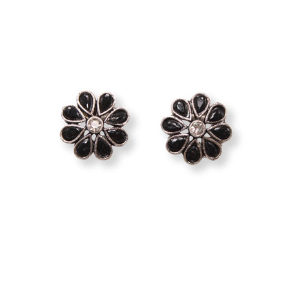STONE FLOWER OXIDISED NECKLACE WITH MATCHING EARRINGS - BLACK