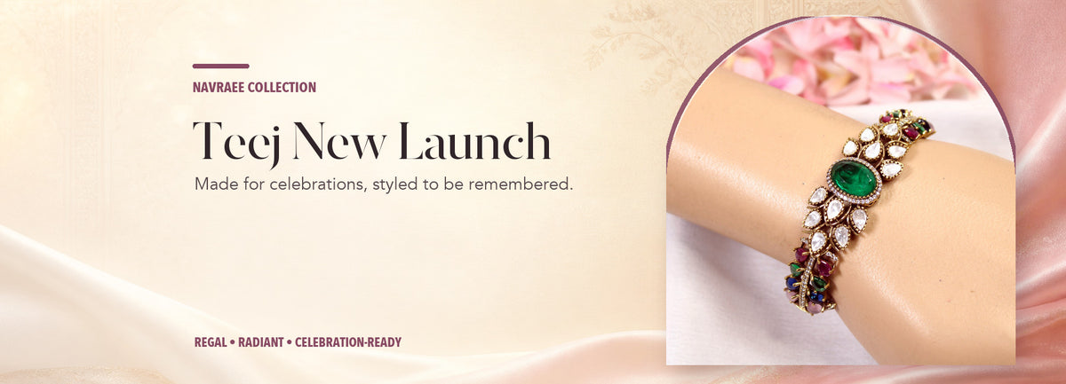 Teej New Launch collection header banner featuring Emerald Navratna Oval Cabochon Polki Leaf Kada