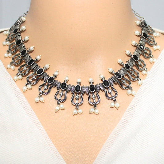 TEMPLE DESIGN NAVRANG NECKLACE SET-BLACK