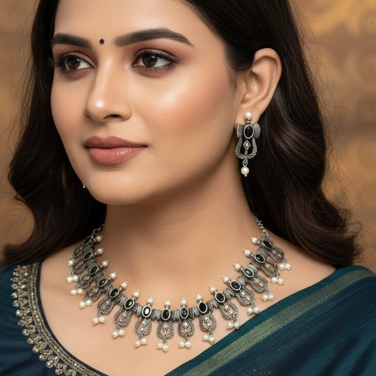 TEMPLE DESIGN NAVRANG NECKLACE SET-BLACK