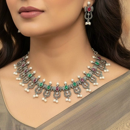 TEMPLE DESIGN NAVRANG NECKLACE SET-MAROON & GREEN