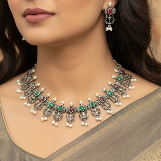 TEMPLE DESIGN NAVRANG NECKLACE SET-MAROON & GREEN