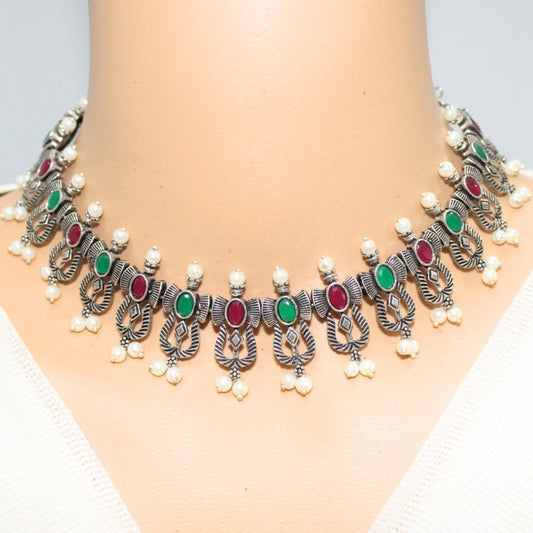 TEMPLE DESIGN NAVRANG NECKLACE SET-MAROON & GREEN