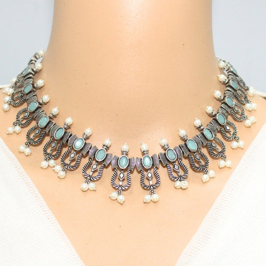 TEMPLE DESIGN NAVRANG NECKLACE SET - MINT