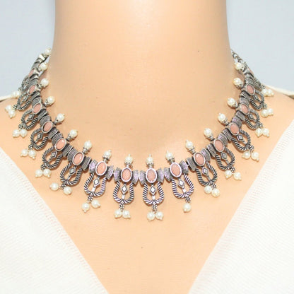 TEMPLE DESIGN NAVRANG NECKLACE SET-PEACH