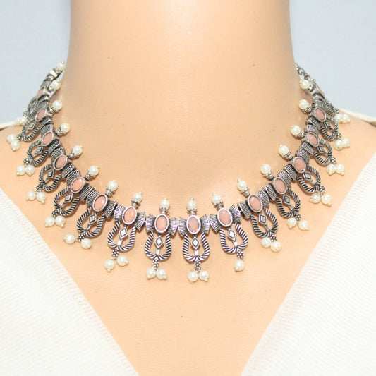 TEMPLE DESIGN NAVRANG NECKLACE SET-PEACH