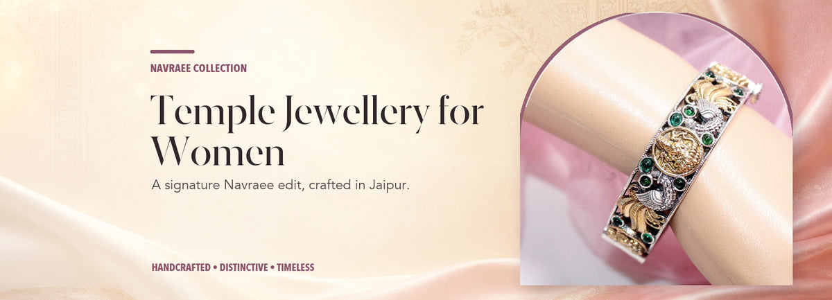 Temple Jewellery for Women collection header banner featuring Dual-Tone Round Laxmi Mor Kada-Green