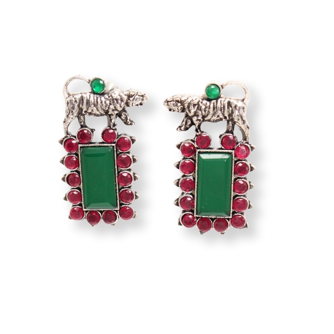 TIGER EARRING STUDS WITH STONE-GREEN