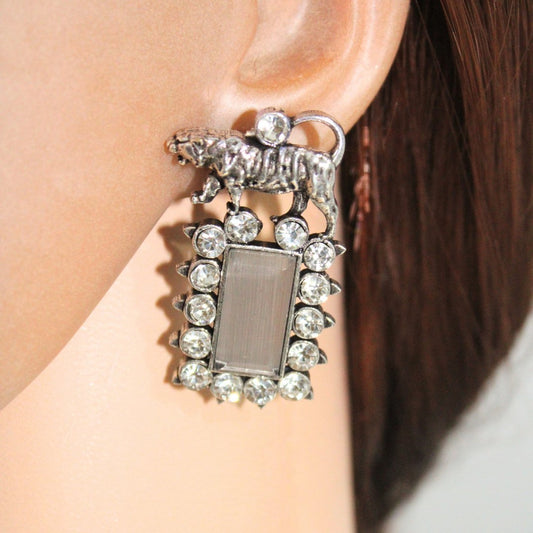 TIGER EARRING STUDS WITH STONE - GREY