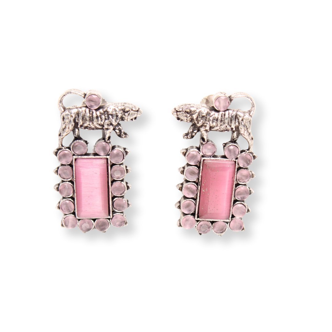 TIGER EARRING STUDS WITH STONE - PINK