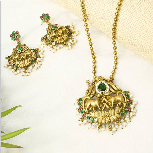 Traditional Multicolour Temple Nandi Pendant Set with matching earrings