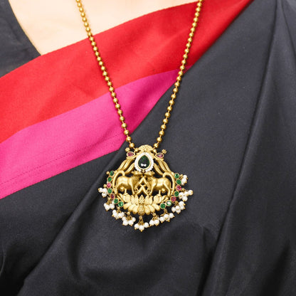 Traditional Multicolour Temple Nandi Pendant Set with matching earrings