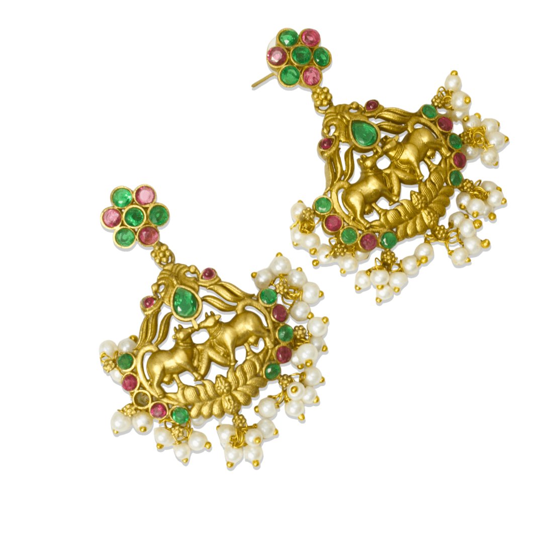 Traditional Multicolour Temple Nandi Pendant Set with matching earrings