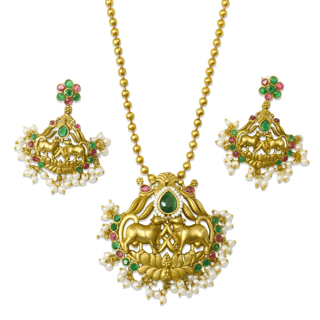 Traditional Multicolour Temple Nandi Pendant Set with matching earrings