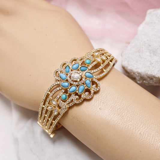 Turquoise Blue Stone Floral AD Openable Kada – Gold Finish Bracelet