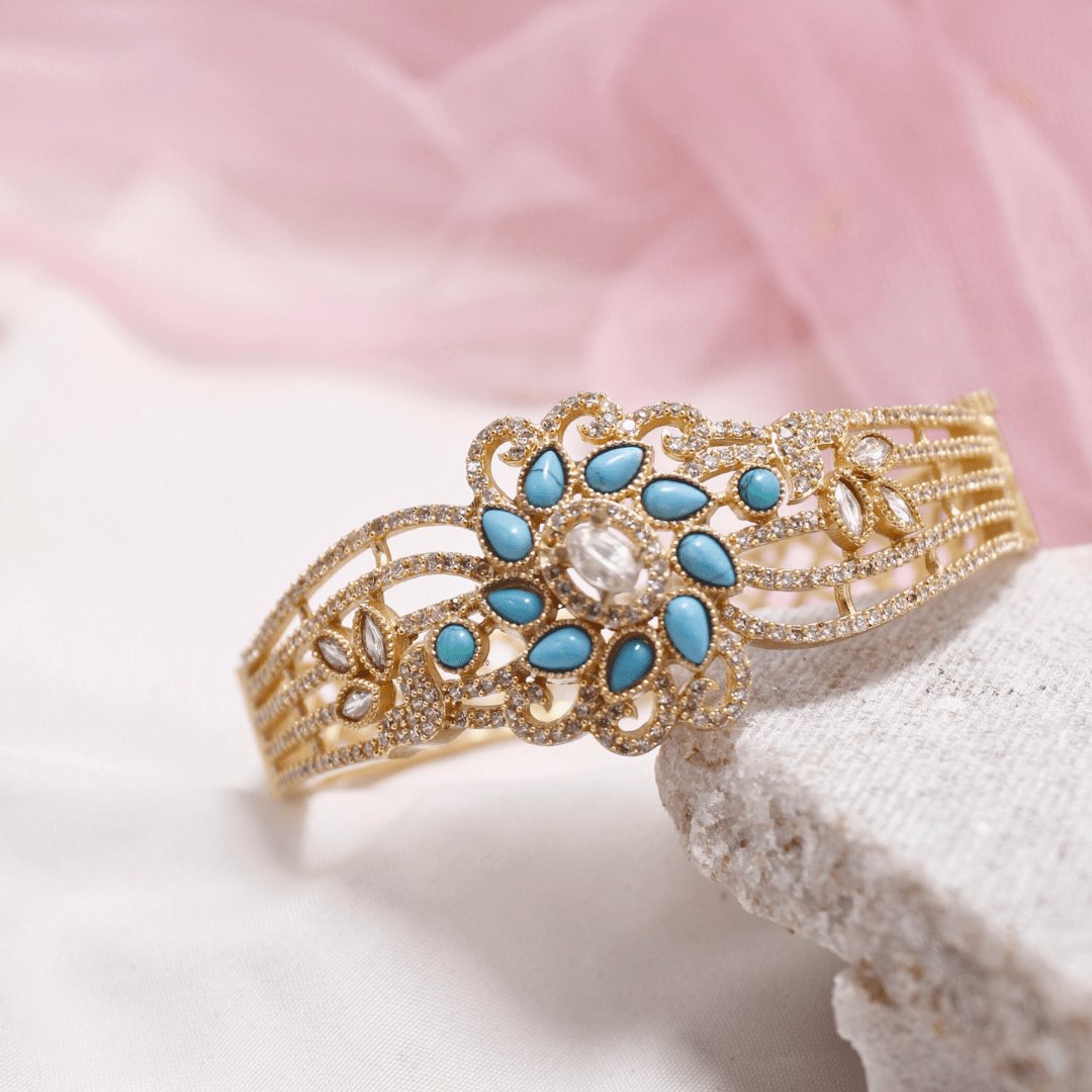 Turquoise Blue Stone Floral AD Openable Kada – Gold Finish Bracelet