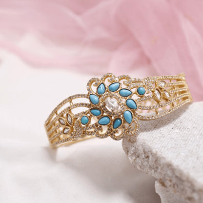 Turquoise Blue Stone Floral AD Openable Kada – Gold Finish Bracelet
