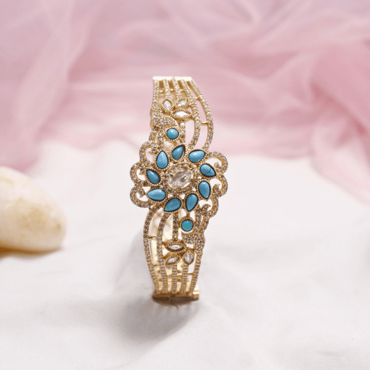 Turquoise Blue Stone Floral AD Openable Kada – Gold Finish Bracelet