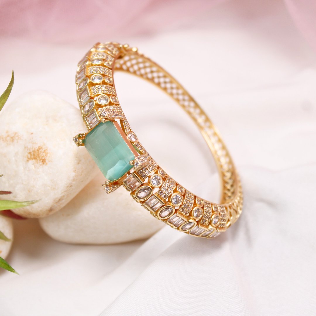 Turquoise Green Stone Openable Bracelet – Premium Gold Finish Kada
