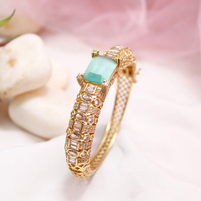 Turquoise Green Stone Openable Bracelet – Premium Gold Finish Kada