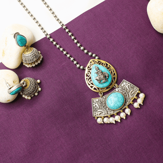 Turquoise Krishna Cow Motif Pendant Set