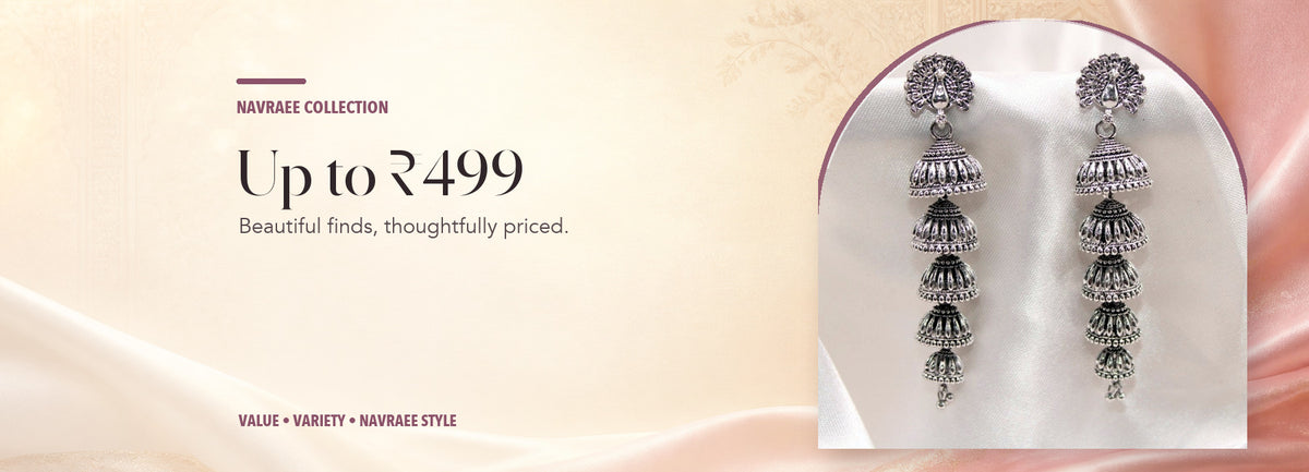 Up to ₹499 collection header banner featuring Shrivi Mor Chhatri Jhumki