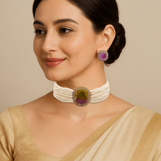 Victorian Radiance Choker Set – Dual-Tone Amethyst & Olive Gem with Moissanite Bord
