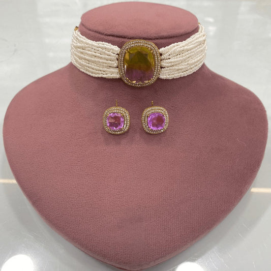 Victorian Radiance Choker Set – Dual-Tone Amethyst & Olive Gem with Moissanite Bord