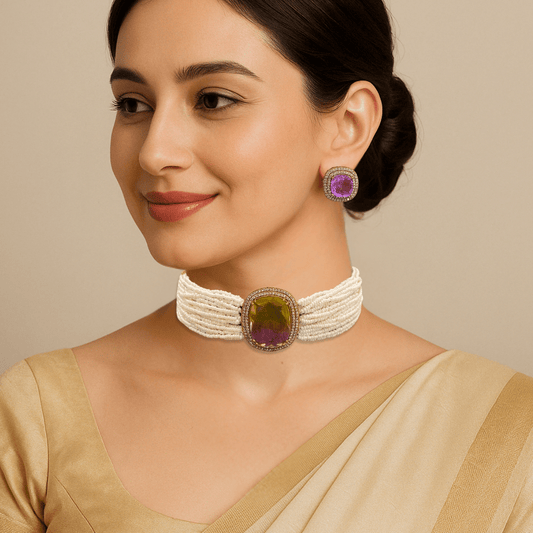Victorian Radiance Choker Set – Dual - Tone Amethyst & Olive Gem with Moissanite Bord