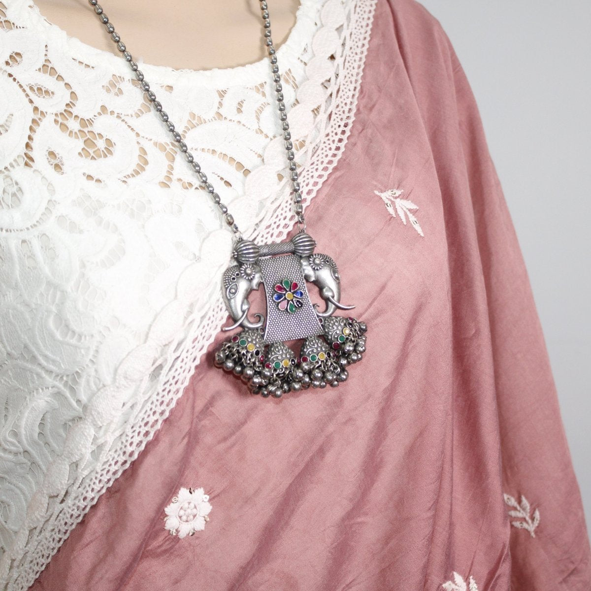 VINTAGE LOOK SILVER REPLICA EKDANTAYA PENDANT-MULTICOLOUR