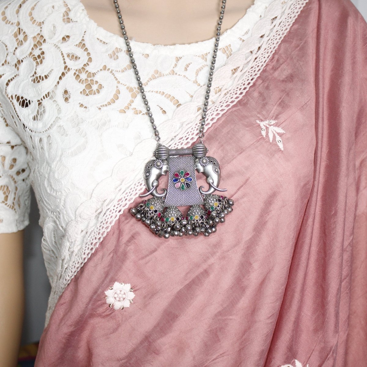 VINTAGE LOOK SILVER REPLICA EKDANTAYA PENDANT - MULTICOLOUR