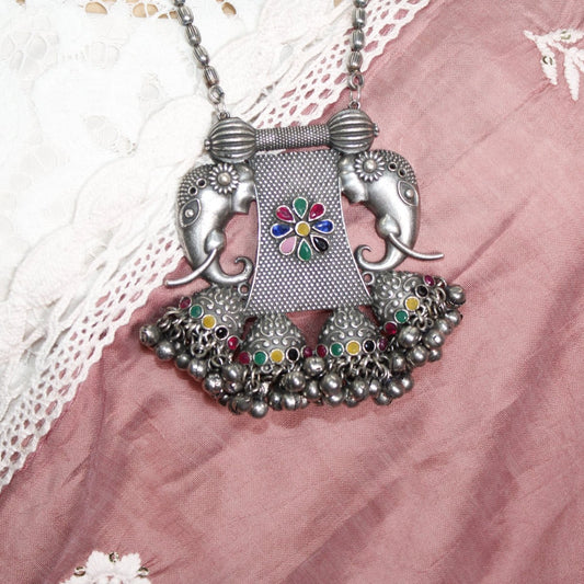 VINTAGE LOOK SILVER REPLICA EKDANTAYA PENDANT - MULTICOLOUR