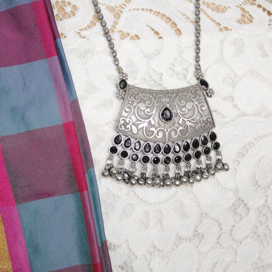 VINTAGE LOOK SILVER REPLICA RAJPUTANA PENDANT - BLACK