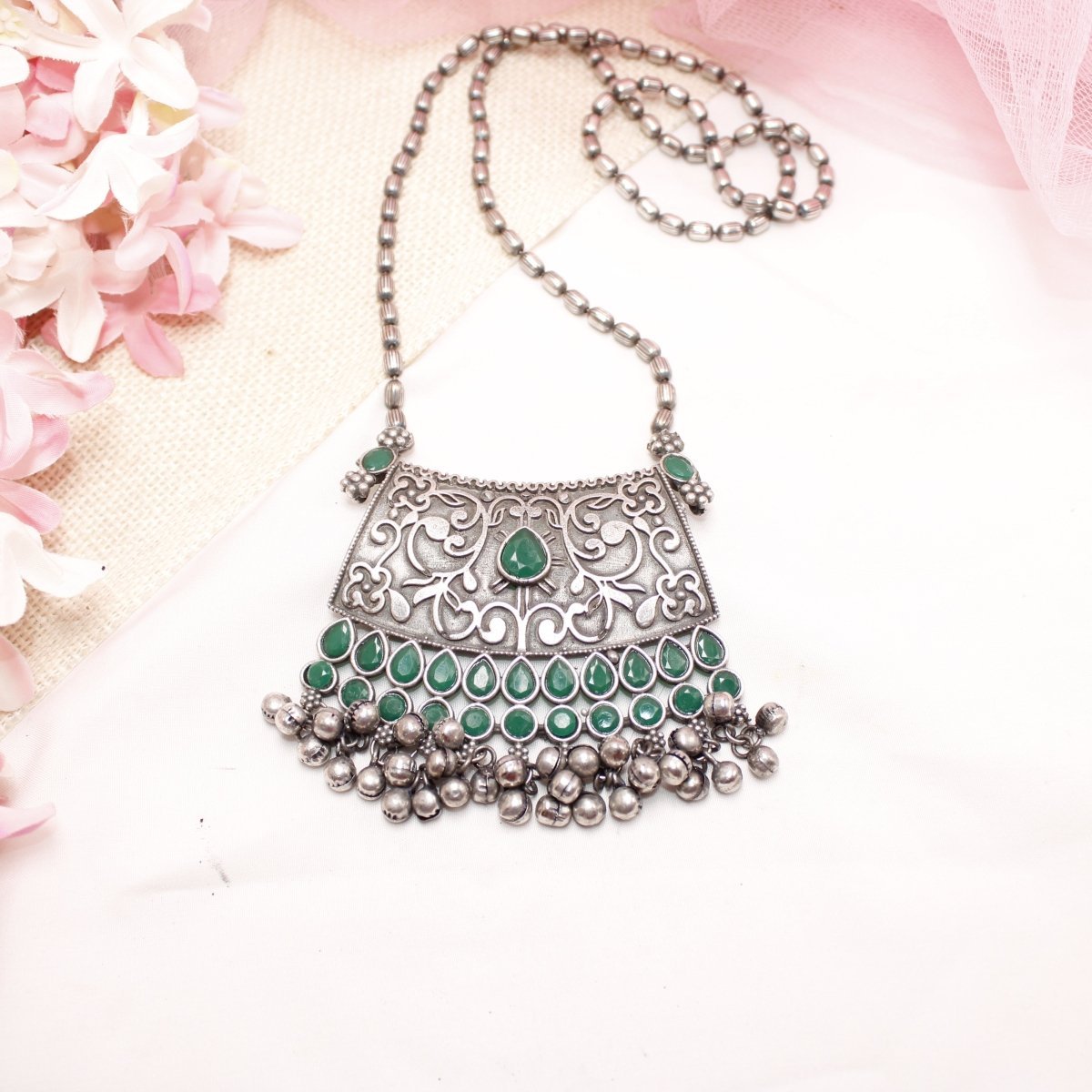 VINTAGE LOOK SILVER REPLICA RAJPUTANA PENDANT-GREEN