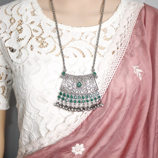 VINTAGE LOOK SILVER REPLICA RAJPUTANA PENDANT - GREEN