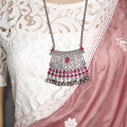 VINTAGE LOOK SILVER REPLICA RAJPUTANA PENDANT - MAROON