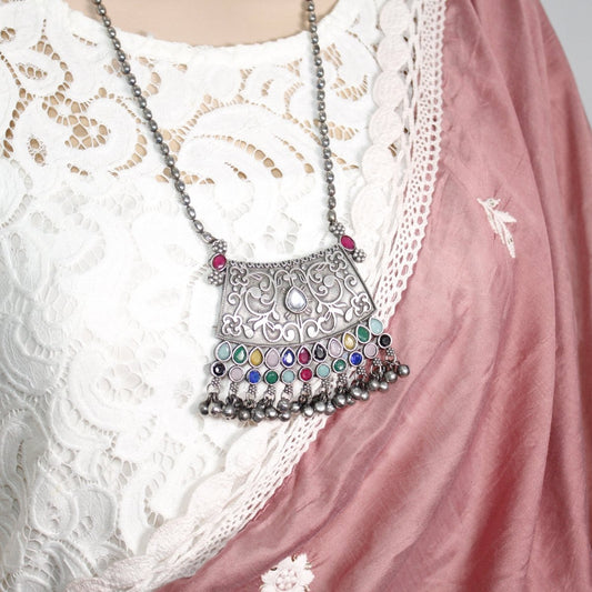 VINTAGE LOOK SILVER REPLICA RAJPUTANA PENDANT - MULTICOLOUR