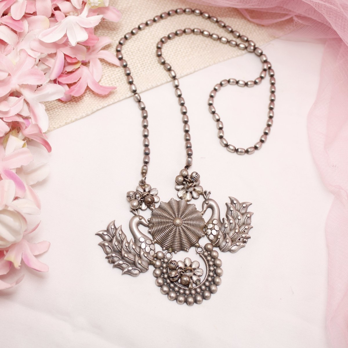 VINTAGE LOOK SILVER REPLICA RAJPUTANA PENDANT-PEACOCK PAIR