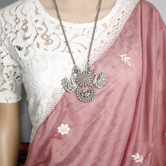 VINTAGE LOOK SILVER REPLICA RAJPUTANA PENDANT - PEACOCK PAIR