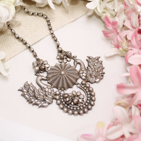 VINTAGE LOOK SILVER REPLICA RAJPUTANA PENDANT - PEACOCK PAIR