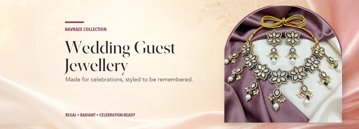 Wedding Guest Jewellery collection header banner featuring Royal Polki Floral Necklace Set With Blue Stones And Pearls