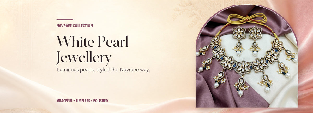 White Pearl Jewellery collection header banner featuring Royal Polki Floral Necklace Set With Blue Stones And Pearls