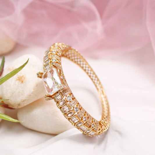 White Stone Openable Bracelet – Diamond Look Kada in Gold Finish